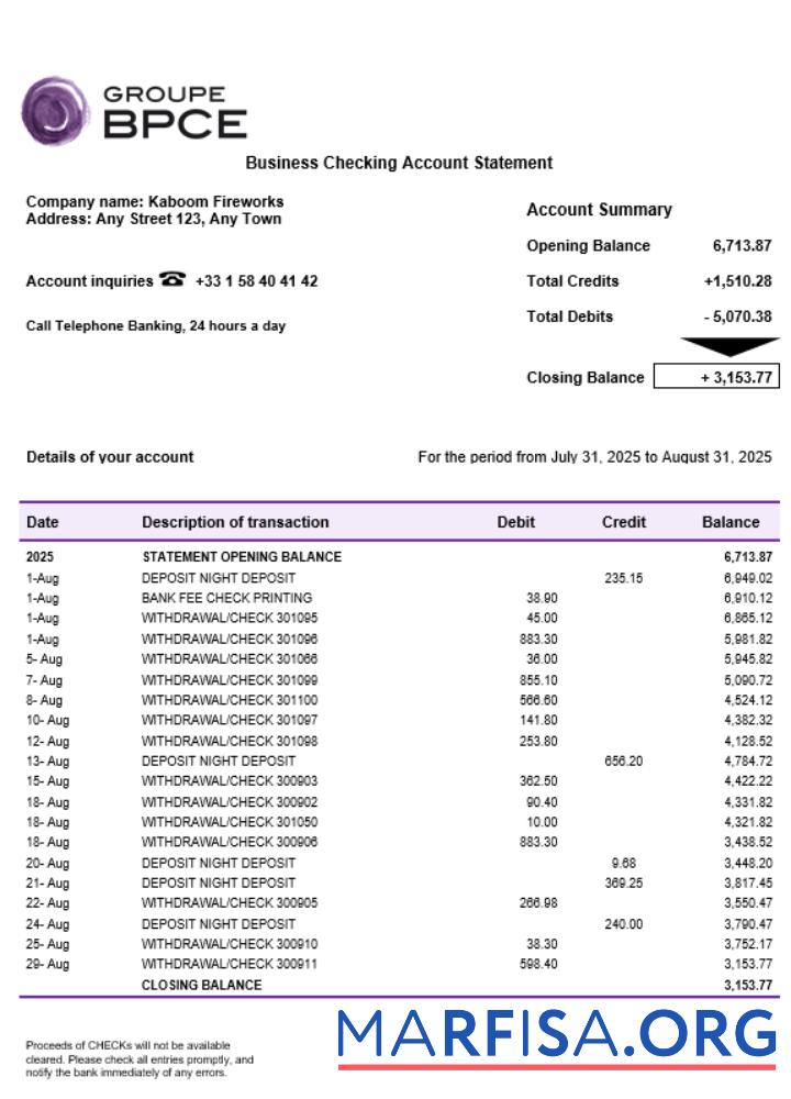 Realistic Groupe BPCE bank account business statement Word and PDF format example